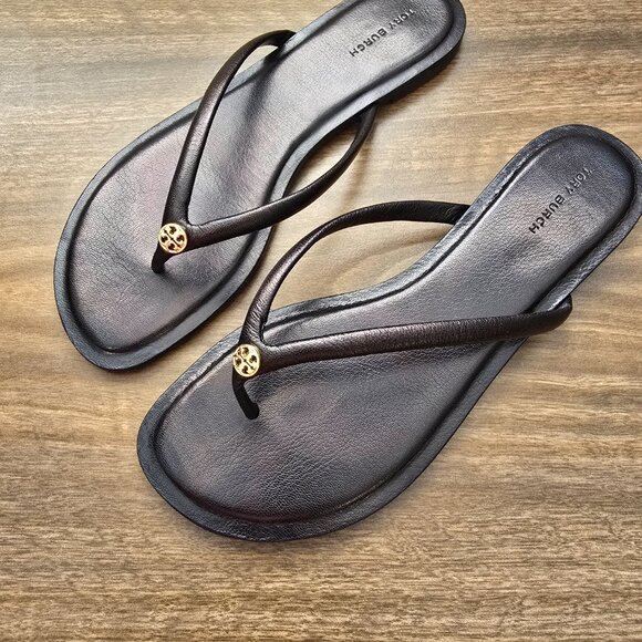 Tory Burch Chelsea Leather Thong Flat Sandals Flip Flop Safari Crystal Black 8 - Picture 5 of 8